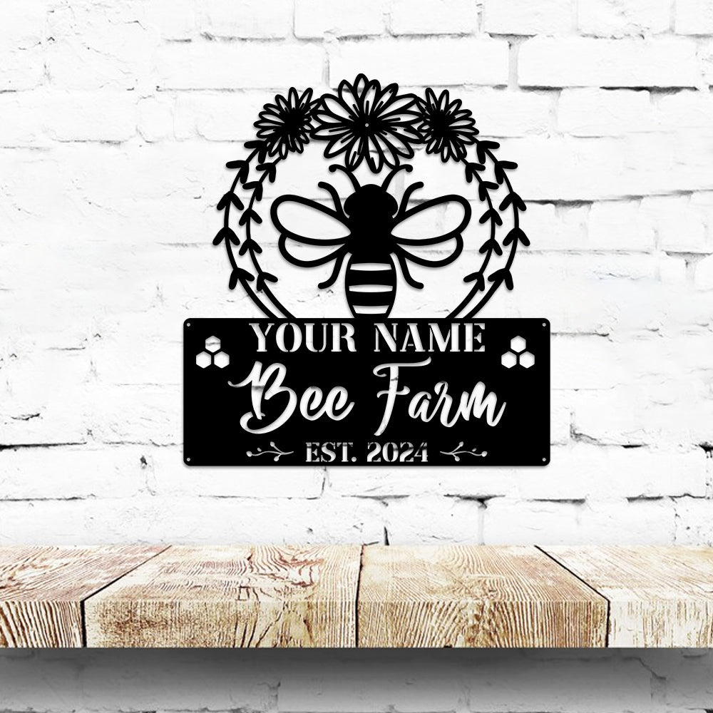 MeMate Garden Sign to Personalize, Bee Farm Flowers Sign, Custom Name Sign Metal for Bee Lovers, Bee Garden Art Decorations, Personalized Bee Sign, 8-24 inches Large Metal Sign, Gift for Beekeeper