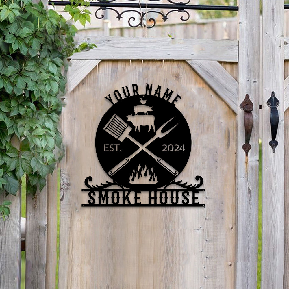 MeMate Smoke House Sign for Patio Decoration, BBQ Zone Patio Sign, Outdoor Decor, Personalized Metal BBQ Sign for Backyard, Custom Name Signs for Backyard, Large Metal Sign for Outside, Housewarming Gifts