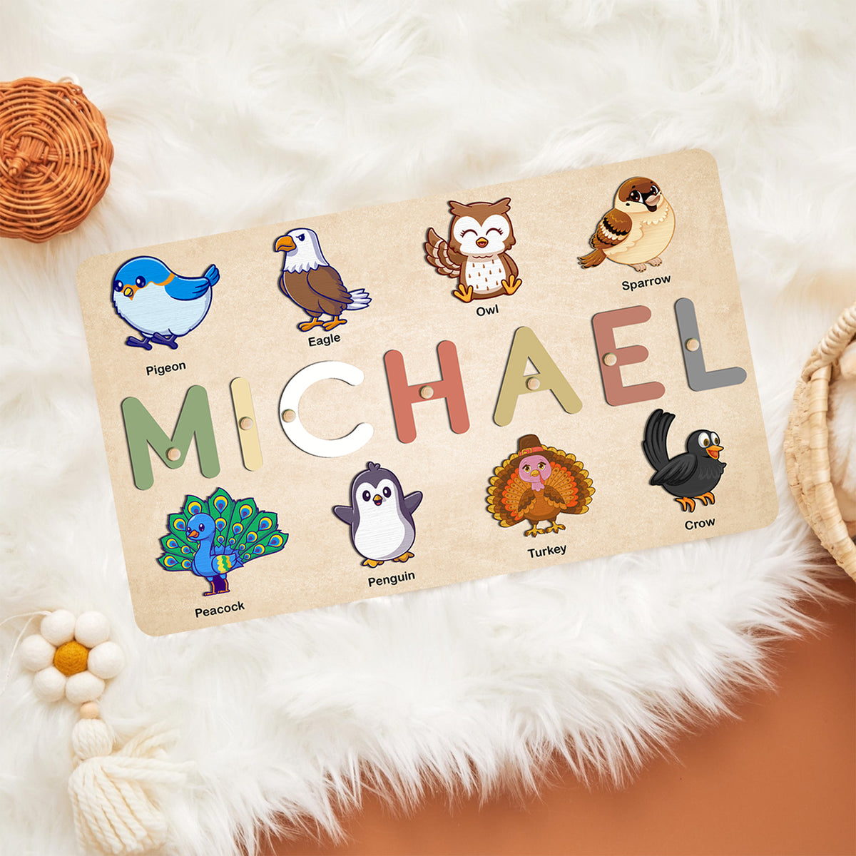 MeMate Custom Baby Puzzle, Personalized Baby Name Puzzle with Birds, Educational Gift for Learning Bird Animal, Unique Baby Gifts