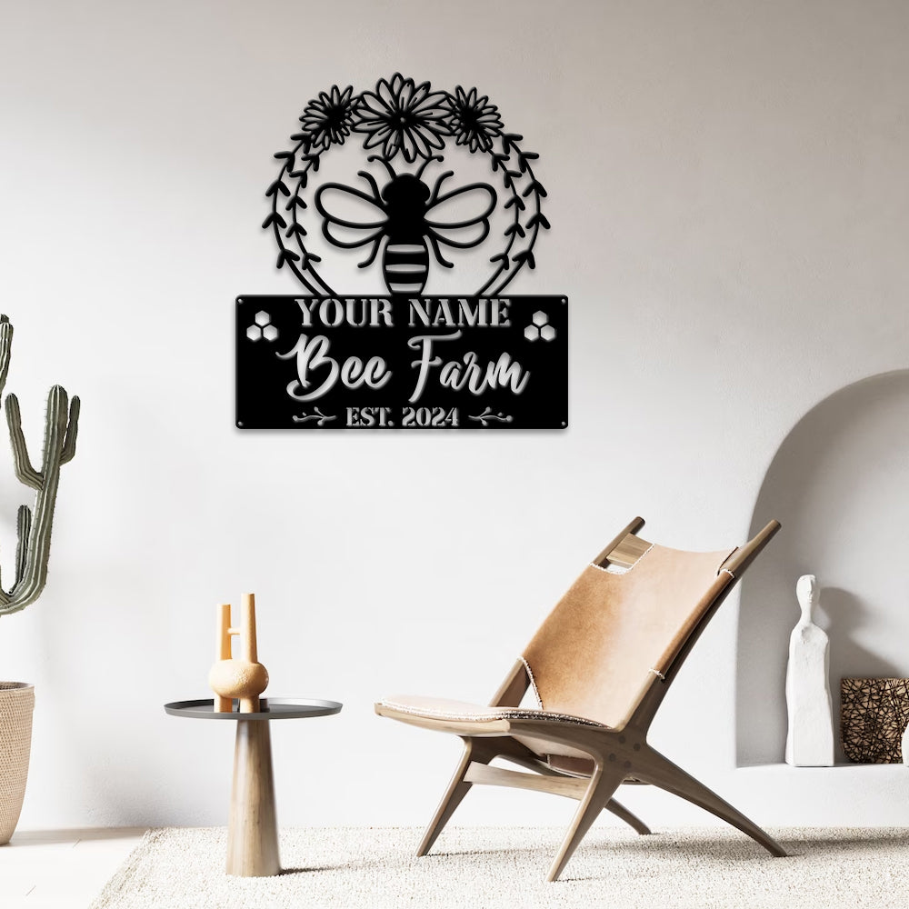 MeMate Garden Sign to Personalize, Bee Farm Flowers Sign, Custom Name Sign Metal for Bee Lovers, Bee Garden Art Decorations, Personalized Bee Sign, 8-24 inches Large Metal Sign, Gift for Beekeeper