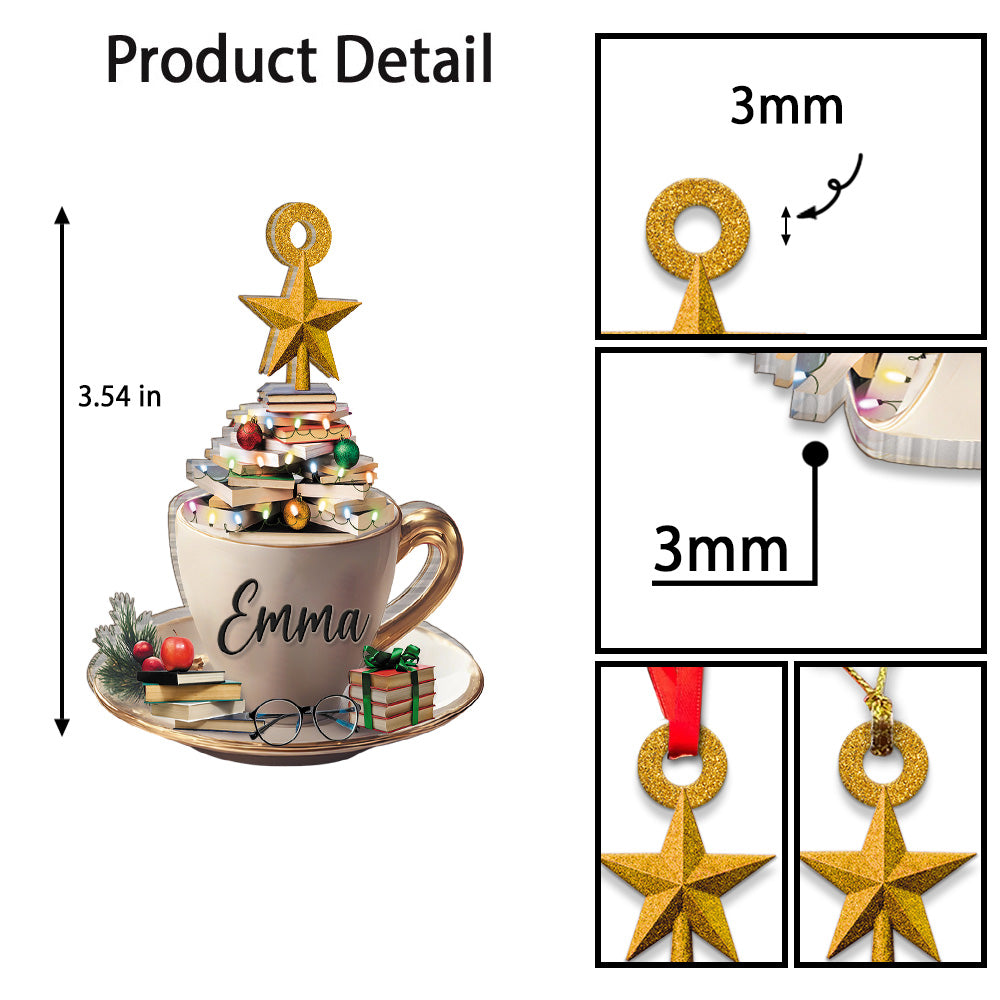 MeMate Personalized Book Ornaments, Books and Coffee Ornament, Custom Name Book Lovers Ornament, Booklovers Ornament for Christmas Tree, Books Christmas Ornaments Keepsake Decoration for Book Club Family Friends