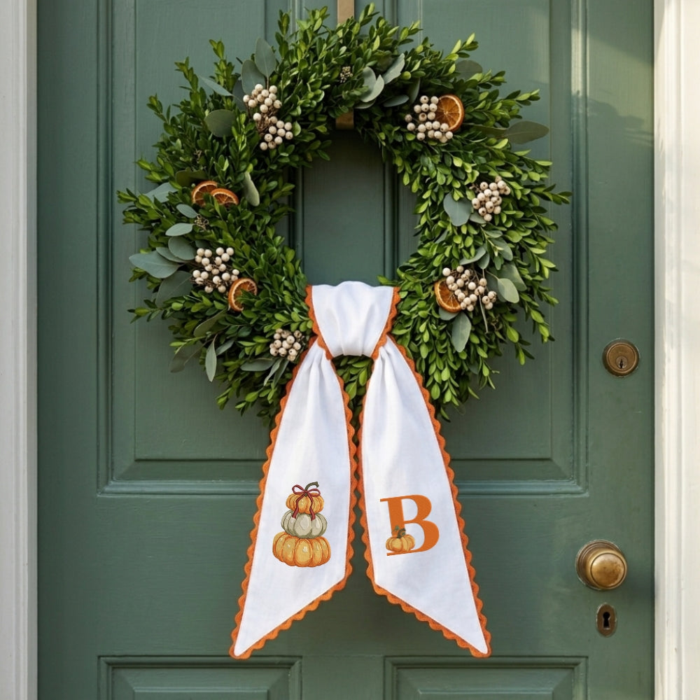 Fall Wreath Sash Bow, Personalized Initial Wreath Sashes 54x5 in, Autumn Wreath Ribbon for Front Door, Monogram Garland Accessories, Farmhouse Door Wreath Decor, Pumpkins Monogram Embroidered Sash