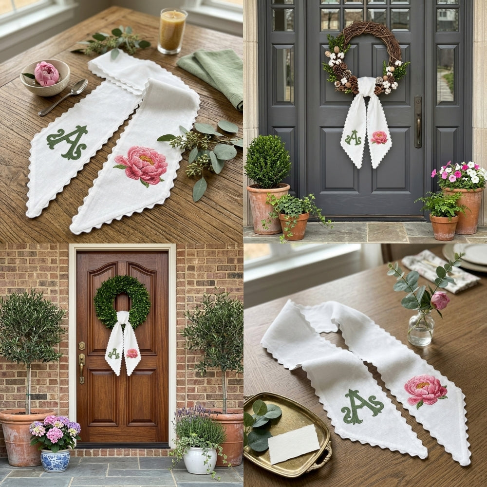 Peony Wreath Sash for Front Door, Flowers Wreath Sash 54x5 Inch, Personalized Initial Monogram Sash, Peony Front Door Decor, Embroidered Bow Wreath Sashes