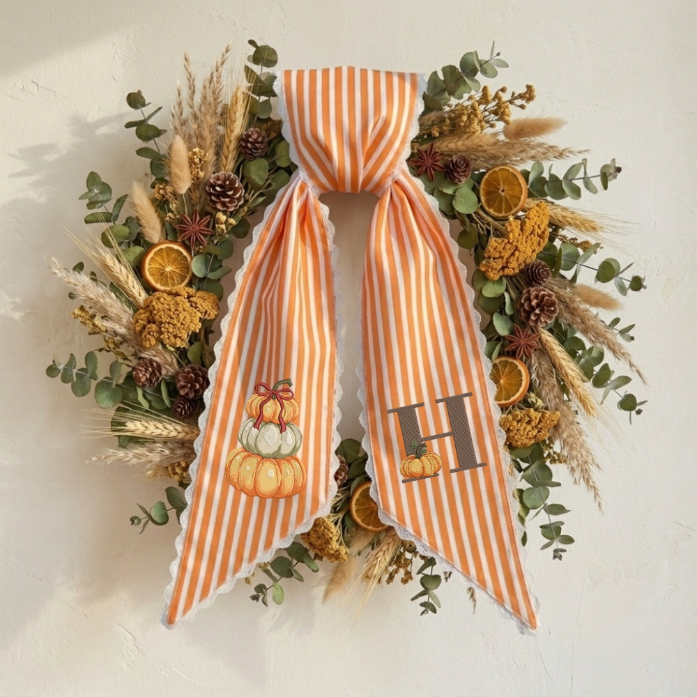 Fall Wreath Sash Bow, Personalized Initial Wreath Sashes 54x5 in, Autumn Wreath Ribbon for Front Door, Monogram Garland Accessories, Farmhouse Door Wreath Decor, Pumpkins Monogram Embroidered Sash
