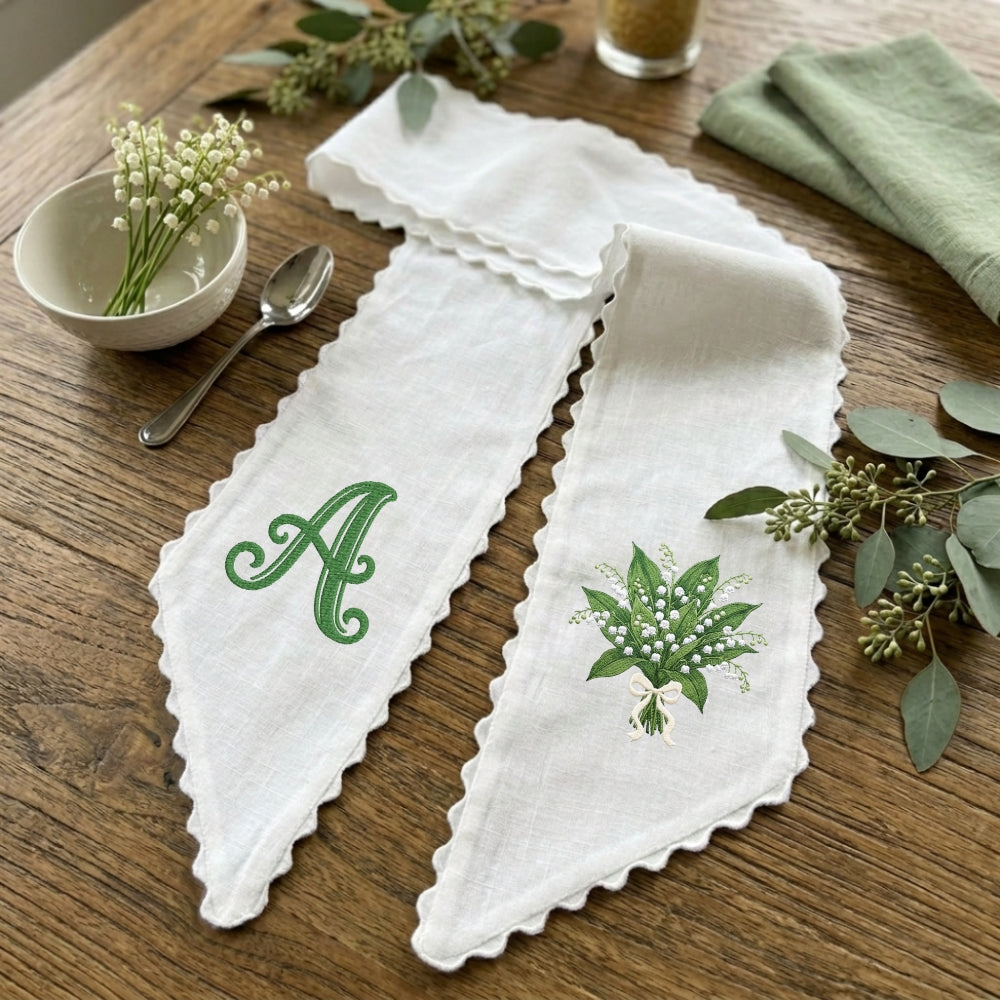 Lily Of The Valley Wreath Sash for Front Door, Embroidered Flowers Wreath Sash 54x5 Inch, Personalized Initial Monogram Sash Front Door Decor, Lily Of The Valley Bouquet Wreath Sashes