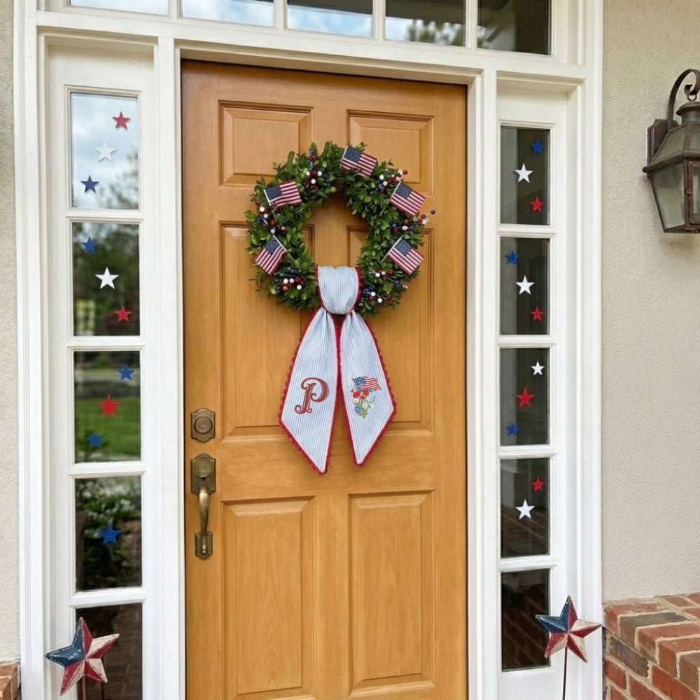 US Flag WithFlowers Patriotic Wreath Sash 54x5 Inch, Wreath Sash for Front Door, Personalized Embroidered Monogram Sash, Independence Day Front Door Decor, America Flag with Bow Wreath Sashes