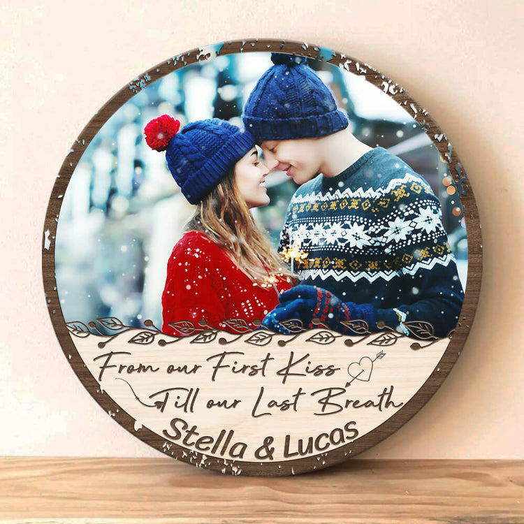 MeMate Custom Couple Photo, Name Printed Wooden Sign - Personalized From Our First Kiss Till Our Last Breath Round Rustic Wood Plaque Hanging Wall Decor for Anniversary, Newlyweds, Valentines Day