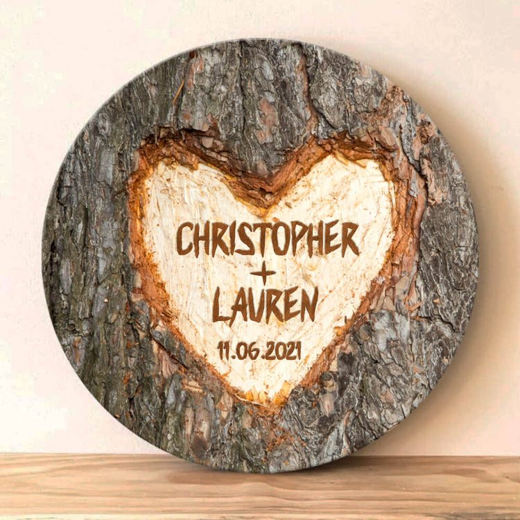 MeMate Custom Couple Name Anniversary Date Printed Wooden Sign Hanging Wall Decor - Personalized Signs for Couple - Tree Round Rustic Wood Plaque Accessories for Couples, Newlyweds, Valentines Day