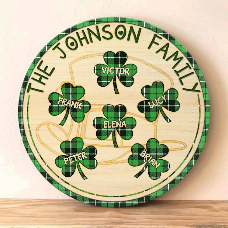 MeMate Personalized Wooden Name Signs for Family - Custom Family Names on Shamrock Round Printed Wall Decor