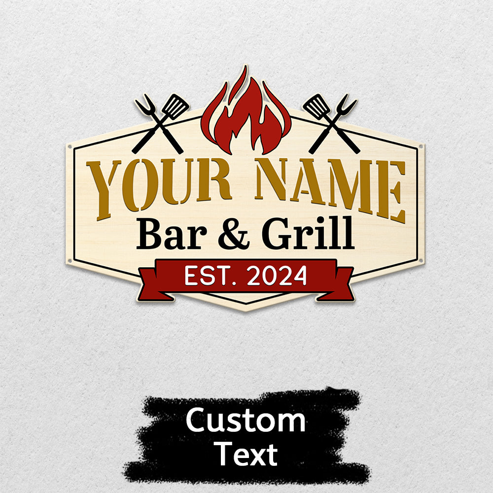 MeMate Metal BBQ Signs, Bar and Grill Sign to Personalize, Personalized Barbecue Metal Signs Kitchen Decor, Custom Name Outdoor Plaques, Rustic Decorations for Man Cave