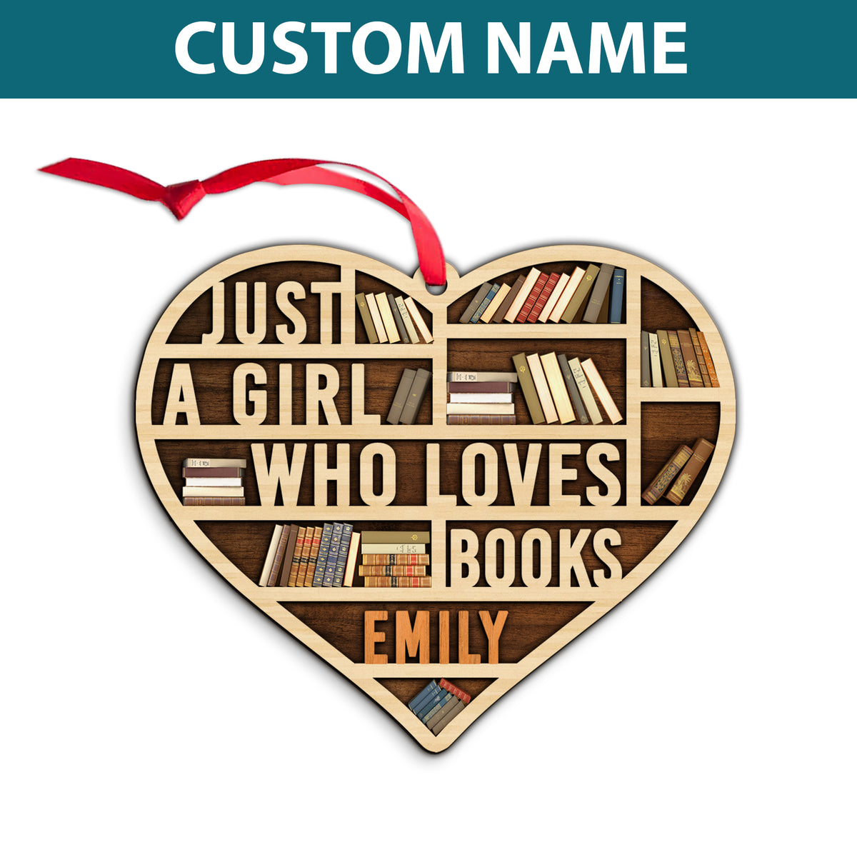 MeMate Book Lovers Heart Ornament, Personalized Christmas Book Ornament, Custom Name 3D Wooden 2 Layers Booklovers Ornament, Just a Girl Who Loves Books Christmas Keepsake, Book Club Decoration