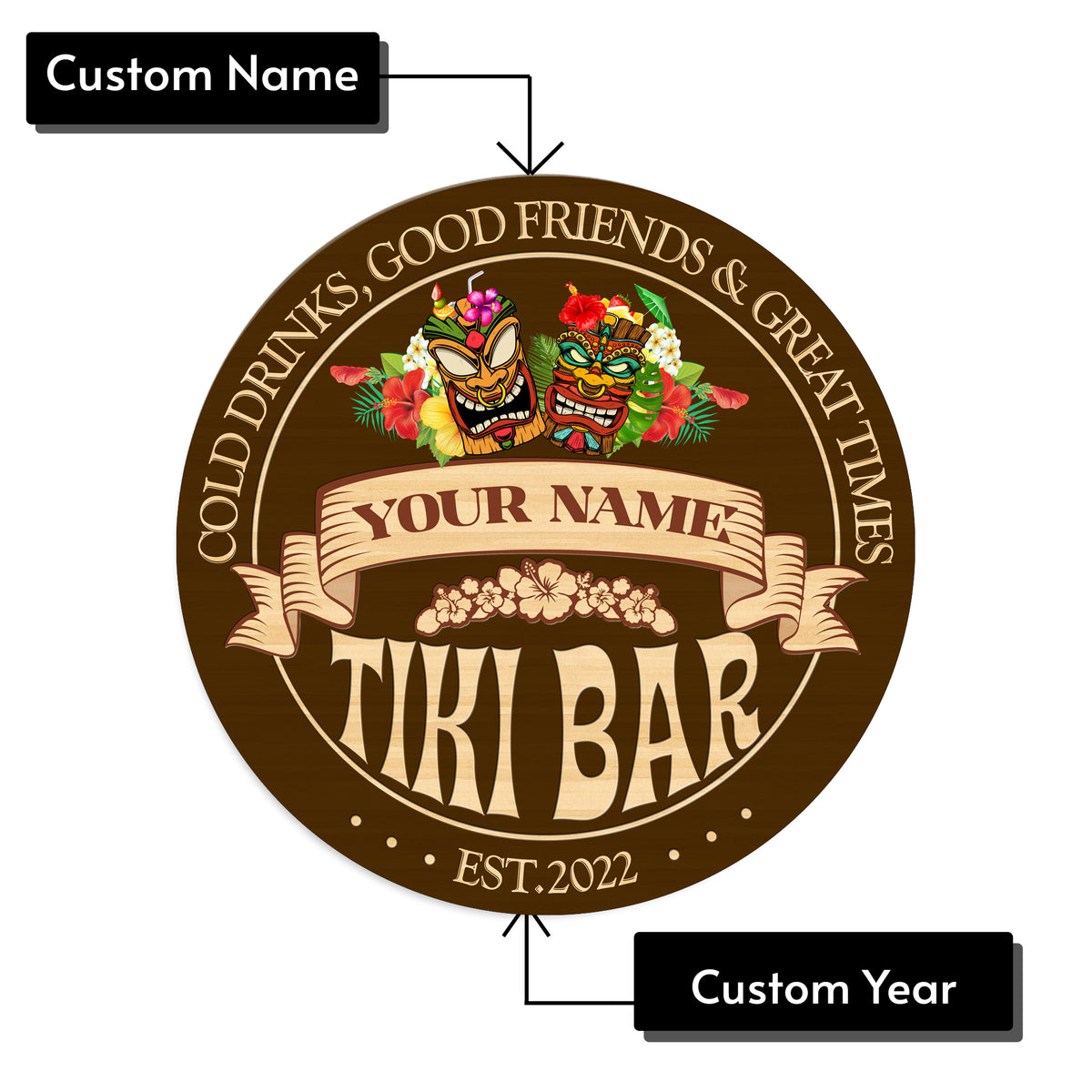 MeMate Tiki Bar Sign – Tiki Lounge Decor - Personalized Wooden Name Sign for Poolside, Patio, Backyard, Beach Party Decors – Custom Year Tiki Bar Rustic Round Printed Wood Signs Wall Hanging Decorative