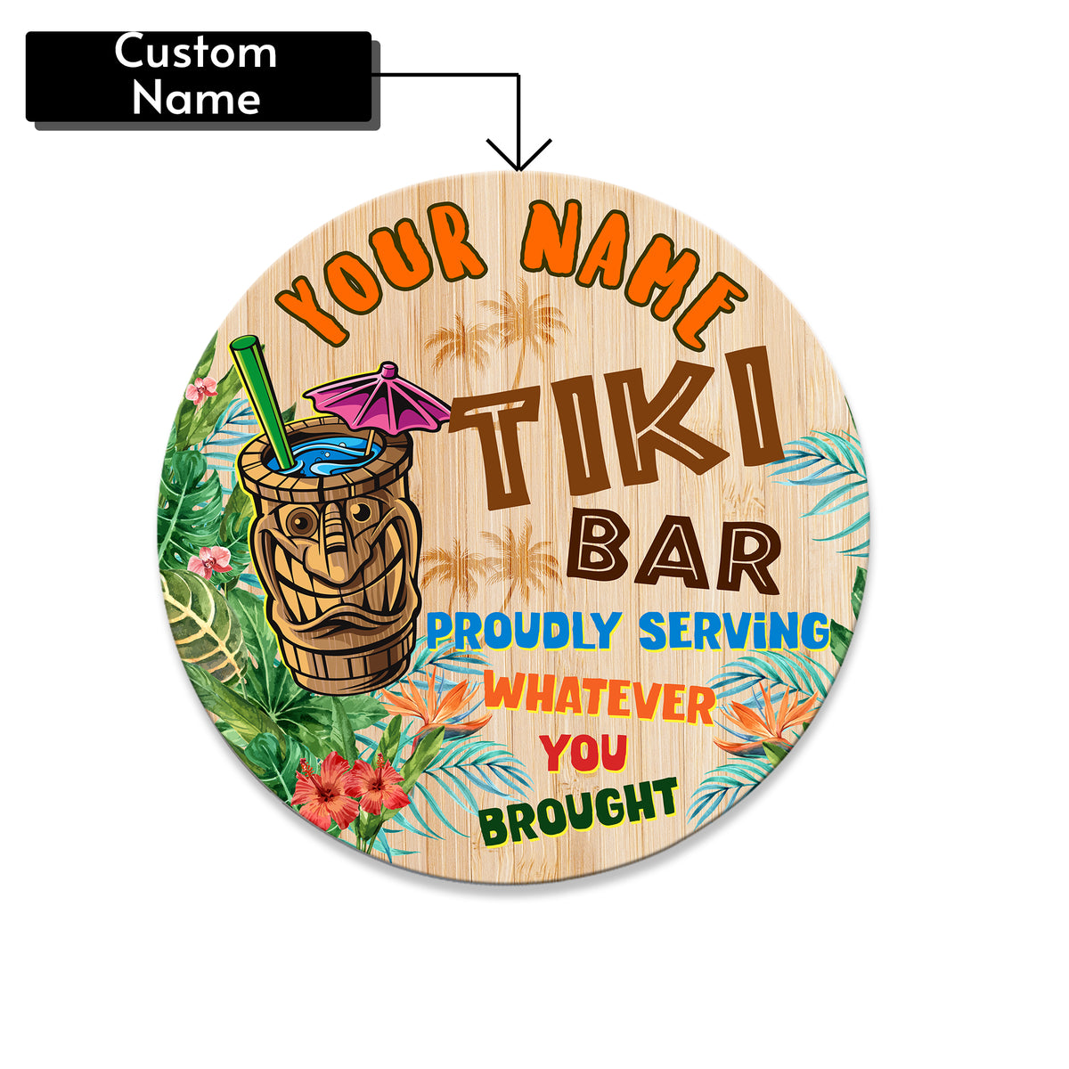 MeMate Custom Tiki Bar Sign – Personalized Wooden Name Sign for Backyard, Patio, Tiki Lounge Decors, Beach Bar, Party Decorations – Rustic Round Printed Wood Signs Wall Hanging Decorative
