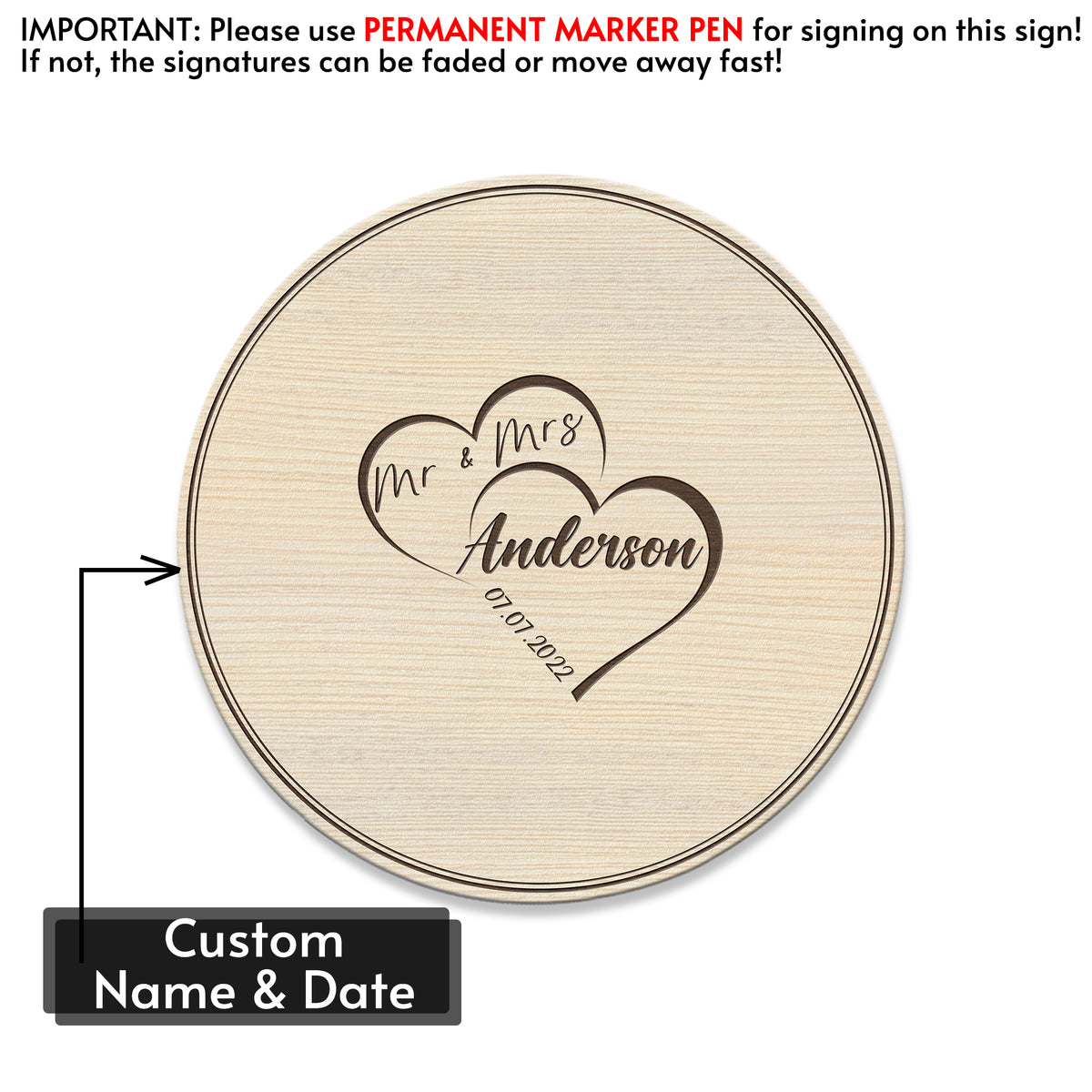 Memate Wedding Guestbook Alternative, Wedding Guest Books Personalized Family Name and Wedding Date, Wooden Wedding Guess Book Sign Board for Signature, Rustic Round Wooden Wedding Sign for Couple