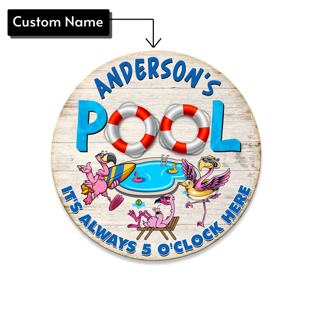 MeMate Pool Signs Outdoor Decor, Personalized Name Wooden Pool Sign, Poolside Decor, It's Always 5 O'Clock Here Swimming Pool Decorations, Flamingo Swim Wood Plaque for Backyards Patio Housewarming