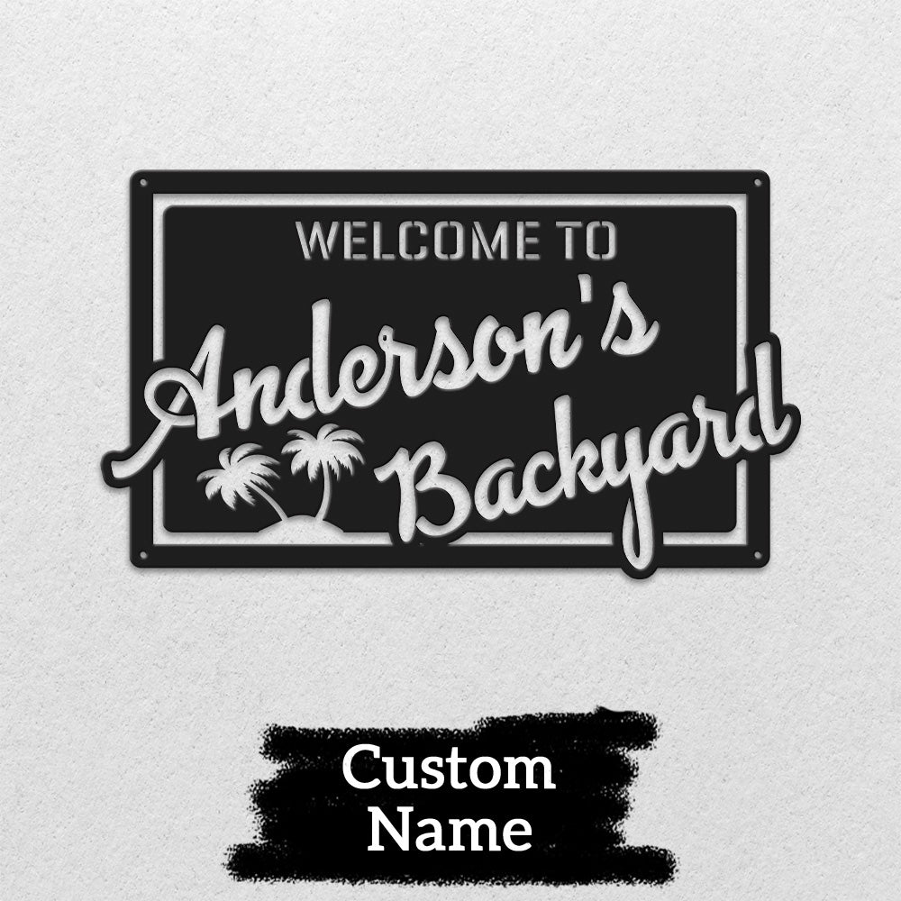 MeMate Backyard Sign Outdoor Decor, Personalized Metal Sign for Backyard, Patio, Custom Name Signs for Garden Porch, Deck, Large Metal Sign