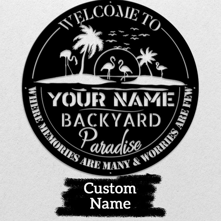 MeMate Backyard Sign Outdoor Decor, Welcome Signs, Flamingo Sign, Personalized Metal Sign for Backyard, Patio, Custom Name Signs for Garden Porch, Deck, Large Metal Sign for Outside