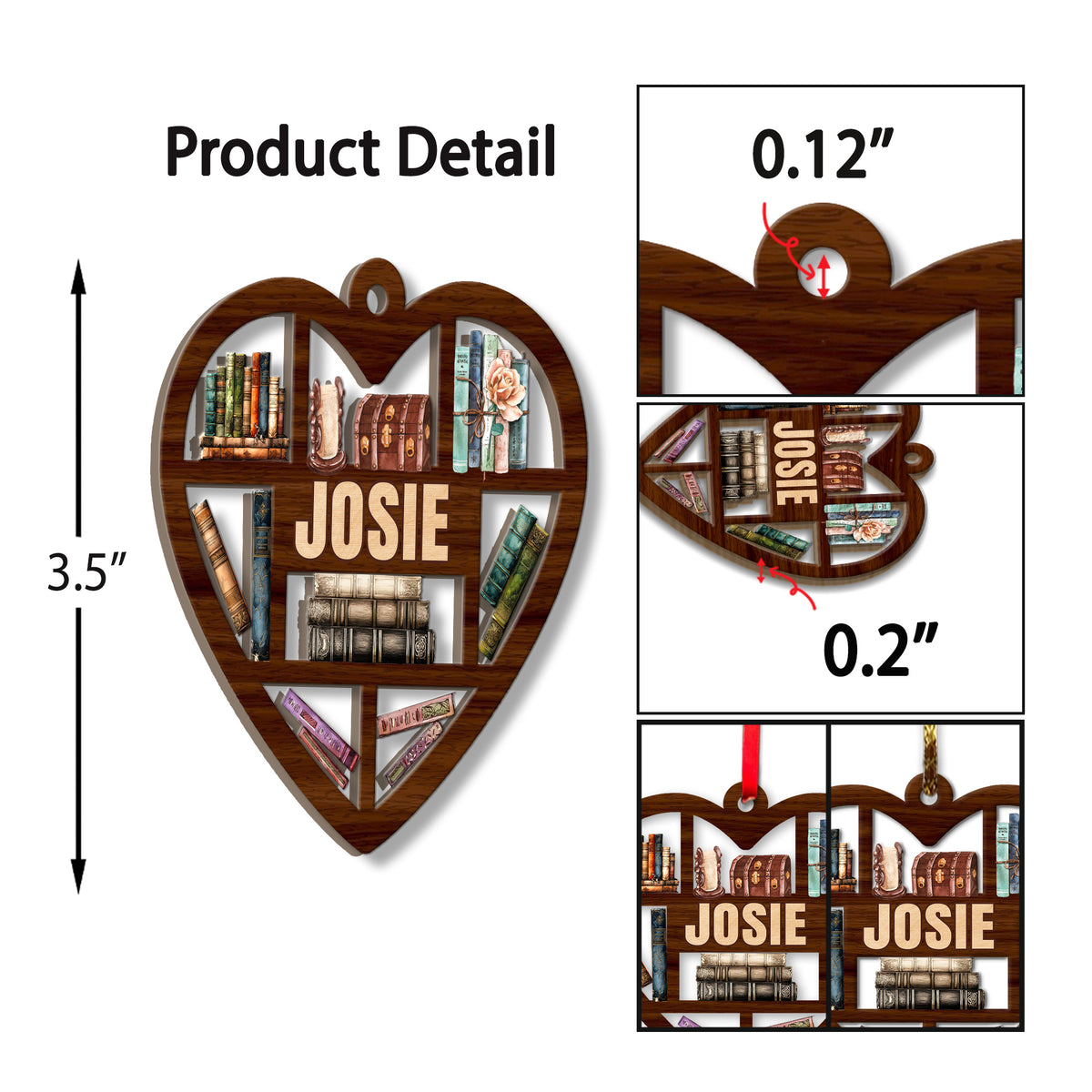 MeMate Book Lovers Heart Ornament, Personalized Christmas Book Ornaments, Custom Name Wooden Booklovers Ornament, Bookworm Christmas Keepsake, Book Club Decoration