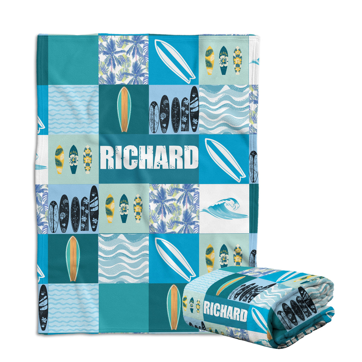 Surfboard Baby Blanket, Surfer Baby Blankets, Personalized Baby Blankets for Boys Surfing, Custom Baby Blankets Name for Girls, Beach Swaddle Blanket, Blue Plush Blankets for Newborn Toddlers Kids