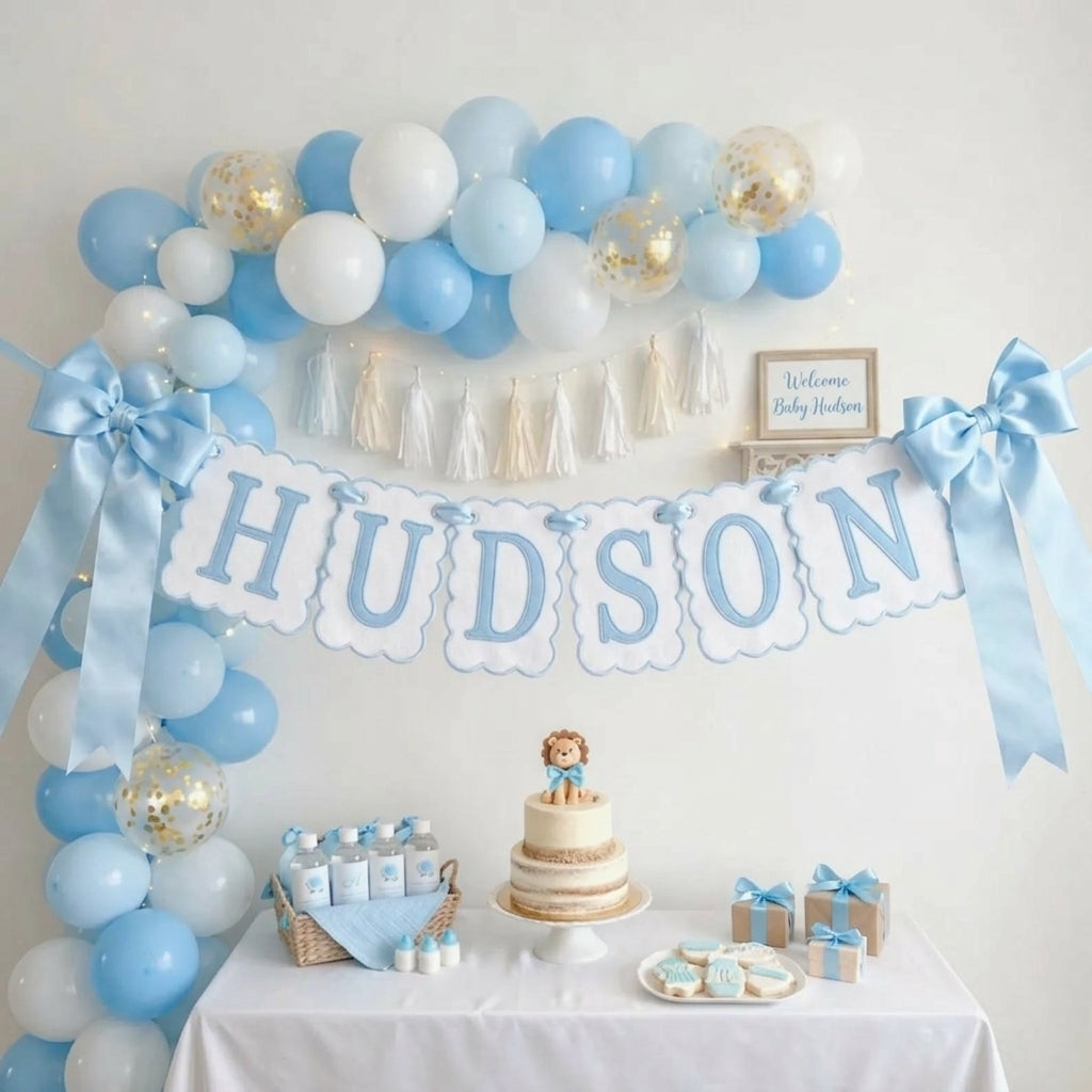 Custom Embroidered Baby Banner, Personalized Baby Name Banner, Scallopped Bow Name Banner, Baby Shower Decor, Pink Nursery Room Decorations, Nursery Garland for Newborn, Baby Shower Gifts Boys Girls