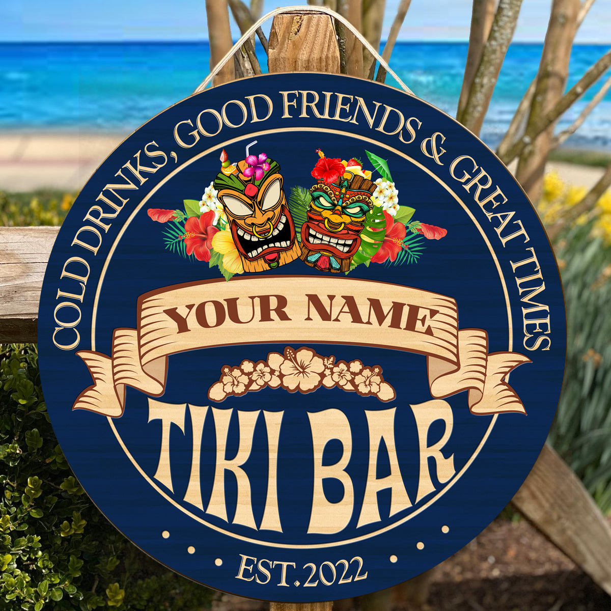 MeMate Tiki Bar Sign – Tiki Lounge Decor - Personalized Wooden Name Sign for Poolside, Patio, Backyard, Beach Party Decors – Custom Year Tiki Bar Rustic Round Printed Wood Signs Wall Hanging Decorative