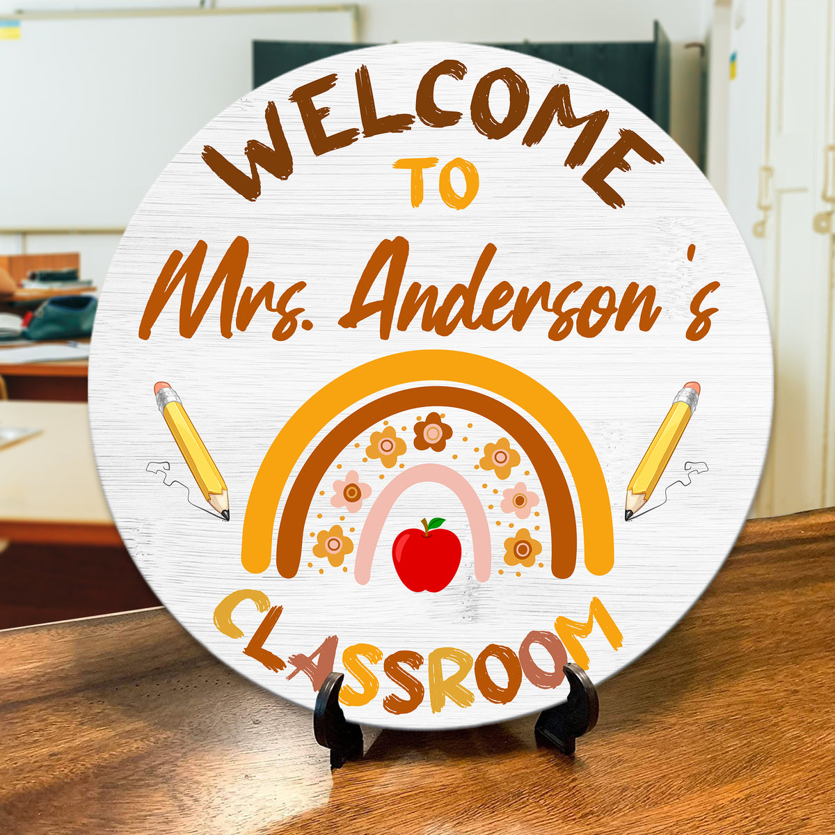 MeMate Personalized Teacher Sign, Classroom Door Wooden Sign, Personalized Teacher Name Sign for Classroom Door Decorations, Wood Custom Teacher Signs Plaque Decor with Name, Boho Rainbow Classroom Decor