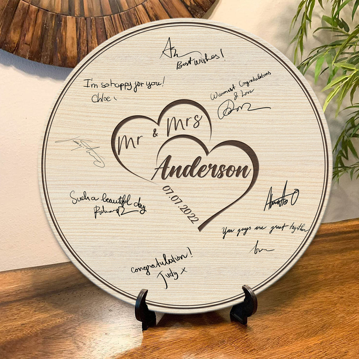 Memate Wedding Guestbook Alternative, Wedding Guest Books Personalized Family Name and Wedding Date, Wooden Wedding Guess Book Sign Board for Signature, Rustic Round Wooden Wedding Sign for Couple