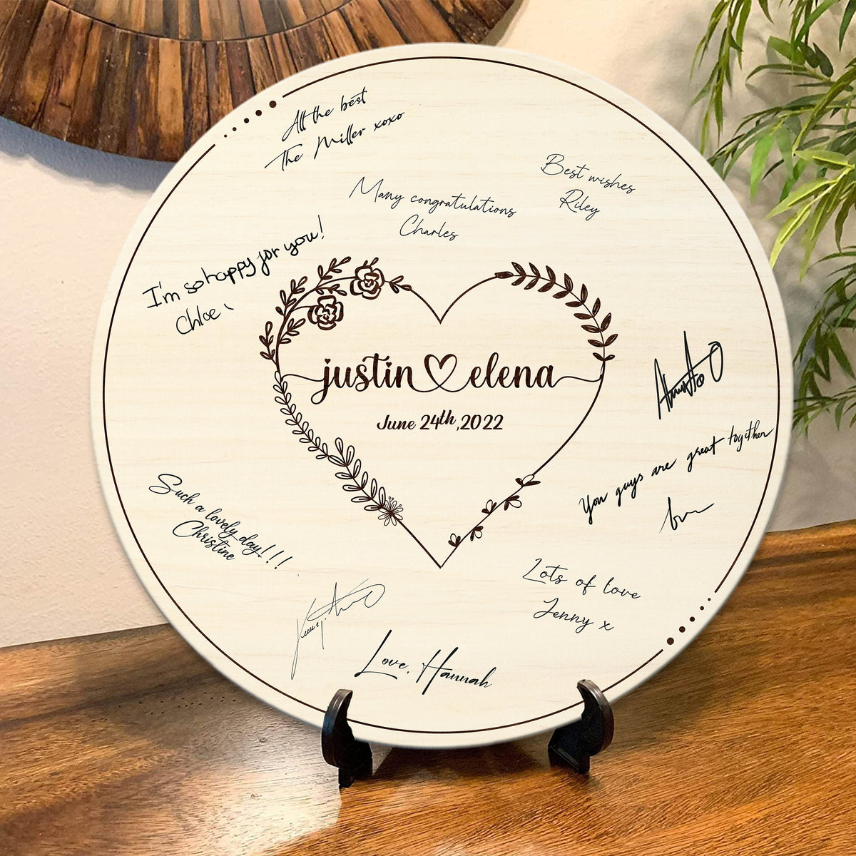 Memate Wedding Guestbook Alternative, Wedding Guest Books Personalized Family Name and Wedding Date, Heart Wooden Wedding Sign Board for Signature, Rustic Round Wooden Wedding Sign