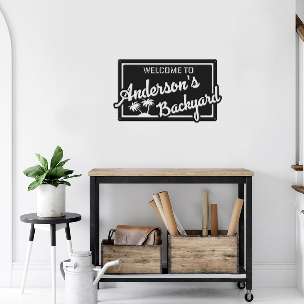 MeMate Backyard Sign Outdoor Decor, Personalized Metal Sign for Backyard, Patio, Custom Name Signs for Garden Porch, Deck, Large Metal Sign