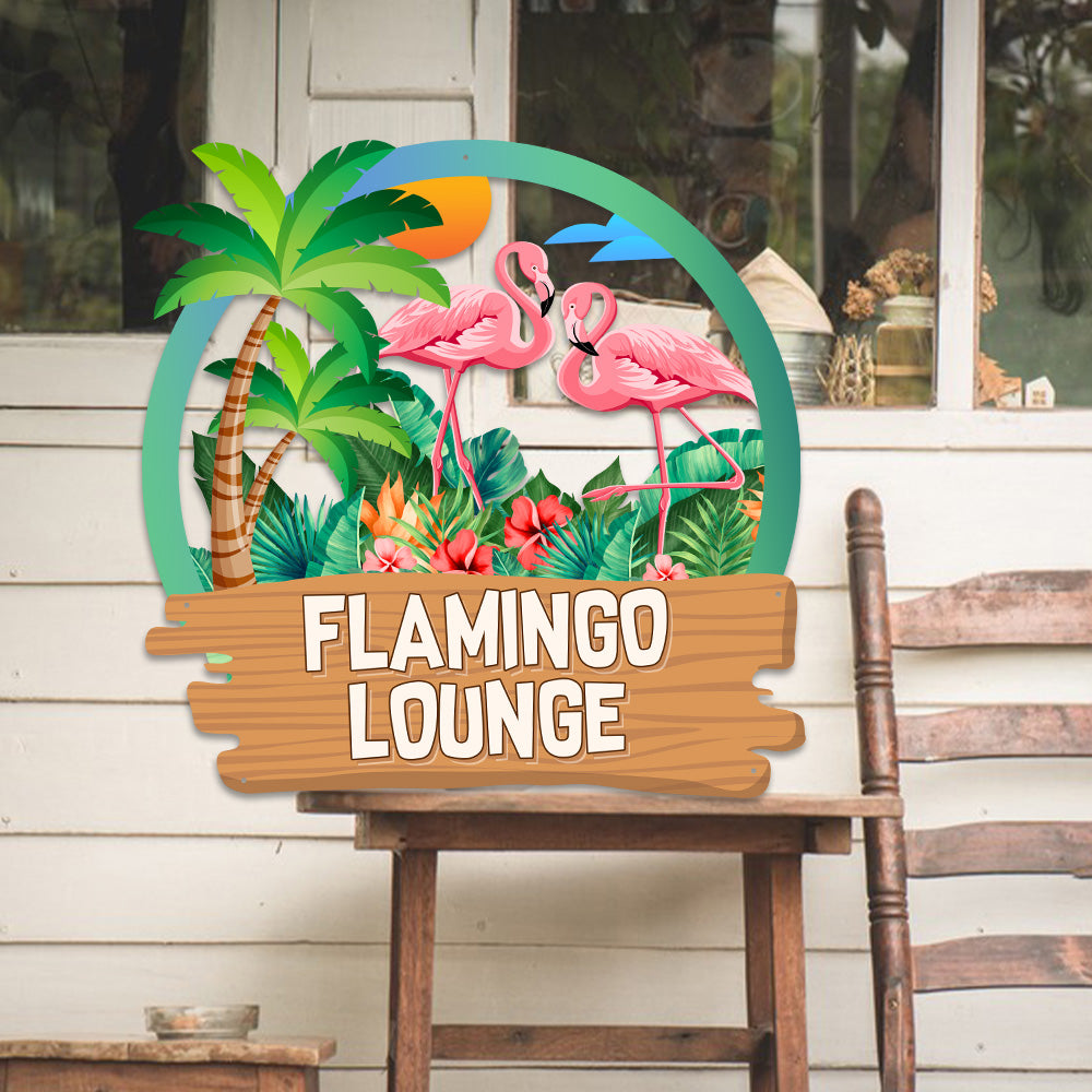 MeMate Flamingo Lounge Signs, Flamingo House Outdoor Décor, Flamingo House Metal Sign, Personalized Flamingo Tropical Sign, Flamingo Metal Sign Housewarming Gift for Family Friend