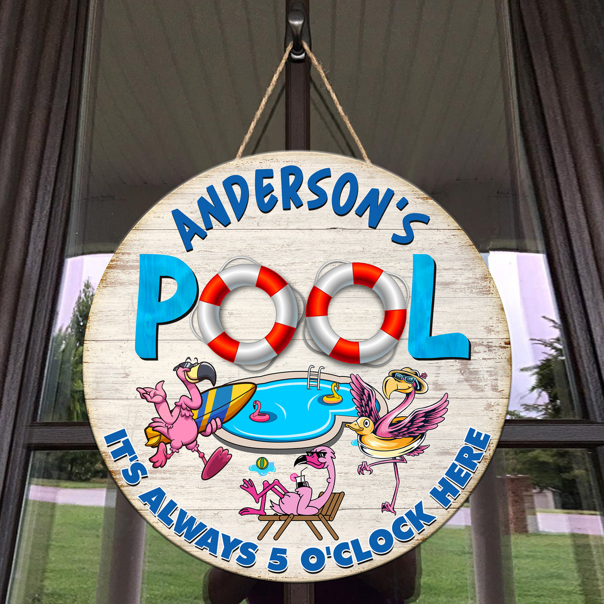 MeMate Pool Signs Outdoor Decor, Personalized Name Wooden Pool Sign, Poolside Decor, It's Always 5 O'Clock Here Swimming Pool Decorations, Flamingo Swim Wood Plaque for Backyards Patio Housewarming