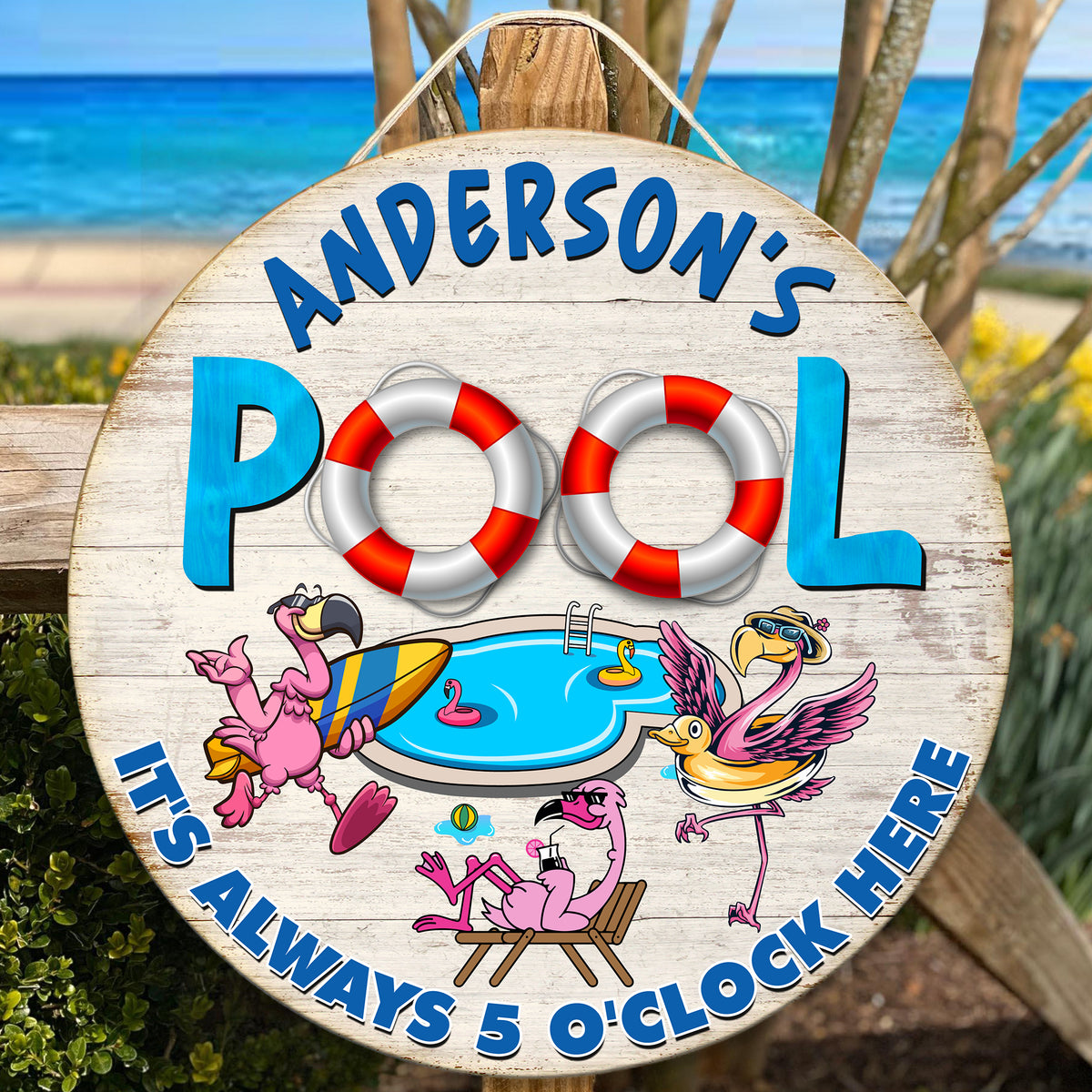 MeMate Pool Signs Outdoor Decor, Personalized Name Wooden Pool Sign, Poolside Decor, It's Always 5 O'Clock Here Swimming Pool Decorations, Flamingo Swim Wood Plaque for Backyards Patio Housewarming