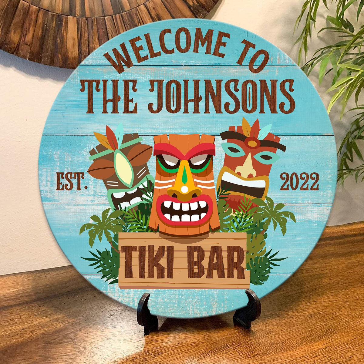 MeMate Tiki Bar Sign – Personalized Wooden Name Sign for Backyard, Patio, Tiki Lounge Decors, Beach Bar, Party Decorations – Custom Name Rustic Round Printed Wood Signs Wall Hanging Decorative
