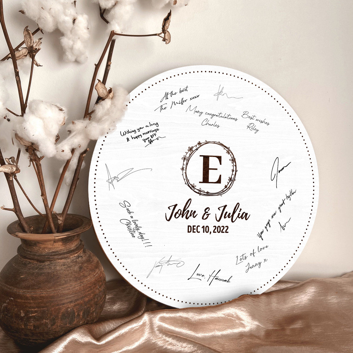 Memate Wedding Guestbook Alternative Personalized, Wedding Guest Books, Custom Wedding Signs Name Date, Wooden Wedding Guess Book Sign Board for Signature, Rustic Round Wedding Book Alternative 02