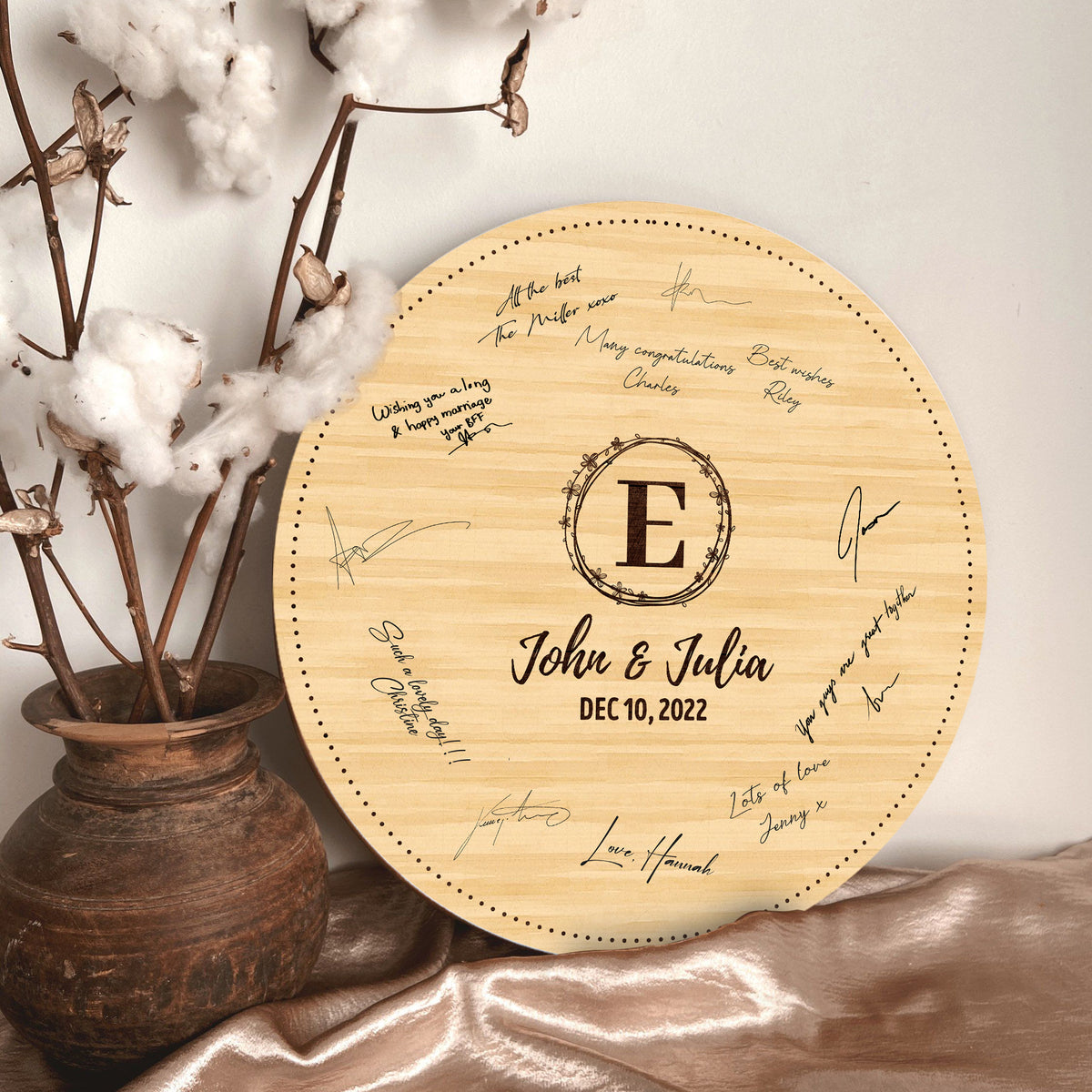 Memate Wedding Guestbook Alternative Personalized, Wedding Guest Books, Custom Wedding Signs Name Date, Wooden Wedding Guess Book Sign Board for Signature, Rustic Round Wedding Book Alternative 03