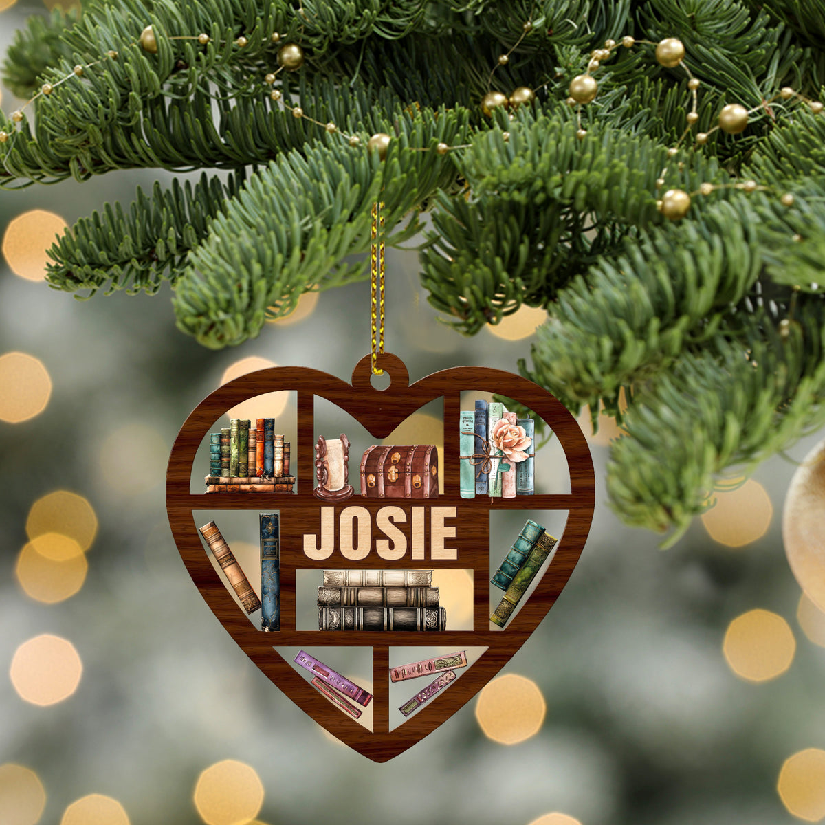 MeMate Book Lovers Heart Ornament, Personalized Christmas Book Ornaments, Custom Name Wooden Booklovers Ornament, Bookworm Christmas Keepsake, Book Club Decoration