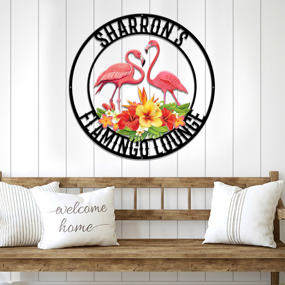 MeMate Flamingo Lounge Signs, Flamingo House Metal Sign, Personalized Flamingo Tropical Sign, Flamingo House Outdoor Décor, Flamingo Metal Sign Housewarming Gift for Family Friend