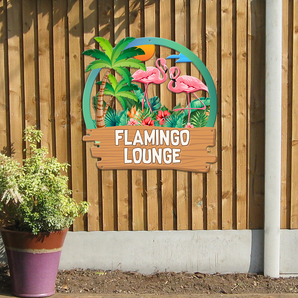 MeMate Flamingo Lounge Signs, Flamingo House Outdoor Décor, Flamingo House Metal Sign, Personalized Flamingo Tropical Sign, Flamingo Metal Sign Housewarming Gift for Family Friend