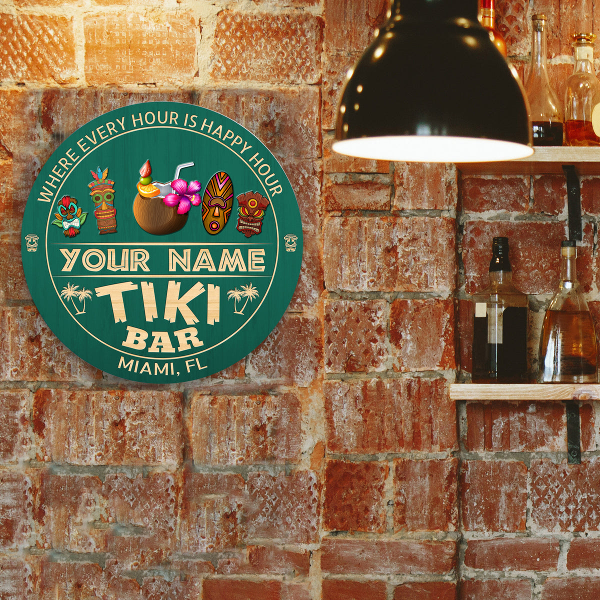 MeMate Custom Tiki Bar Sign - Personalized Wooden Name Sign for Tiki Lounge, Backyard, Patio, Beach Bar, Party Decors - Vintage Rustic Round Printed Wood Signs Wall Hanging Decorative