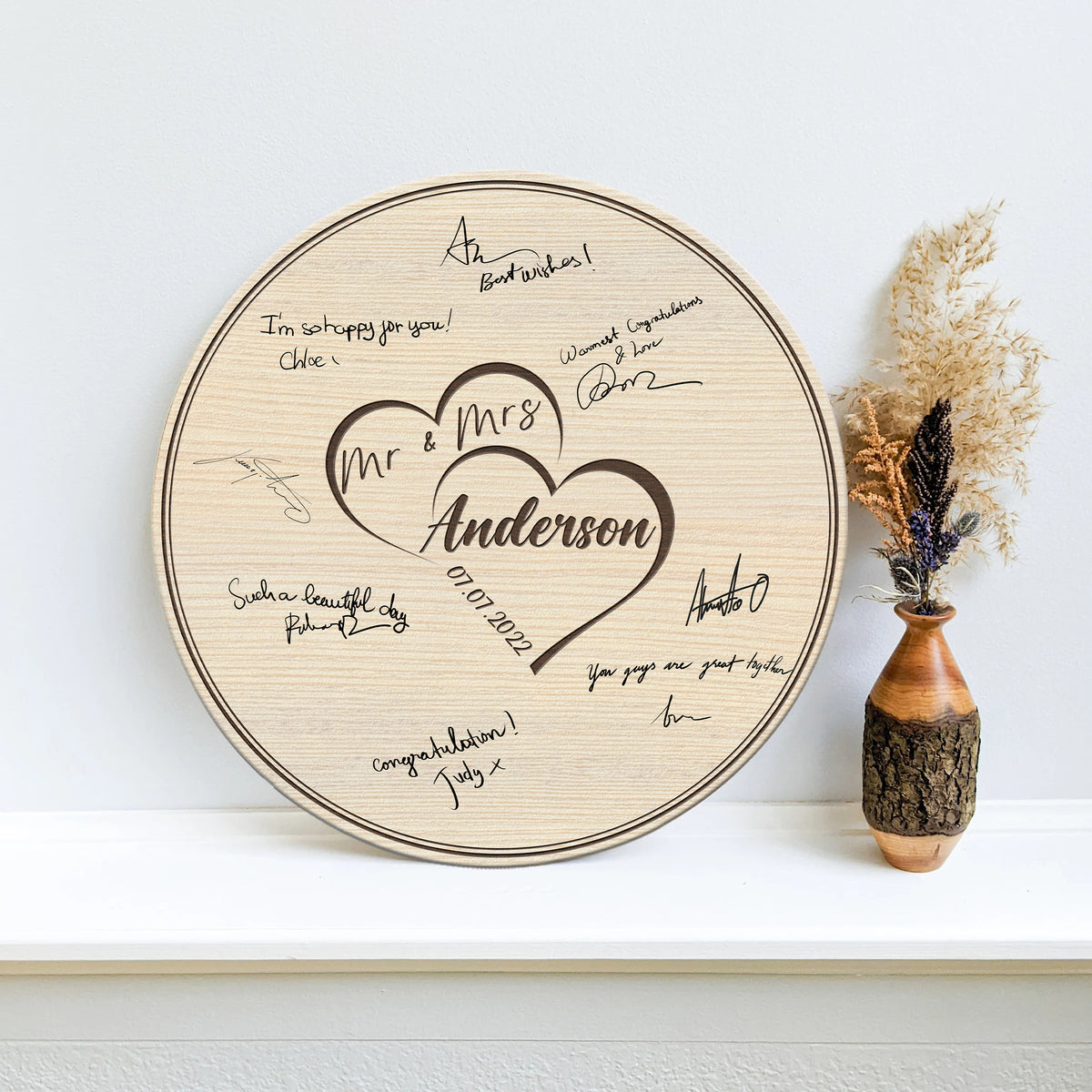 Memate Wedding Guestbook Alternative, Wedding Guest Books Personalized Family Name and Wedding Date, Wooden Wedding Guess Book Sign Board for Signature, Rustic Round Wooden Wedding Sign for Couple