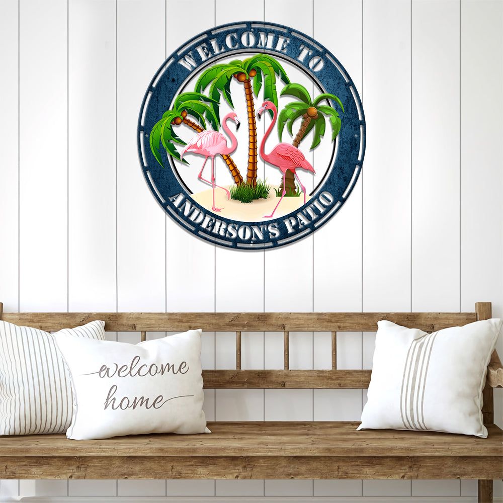 MeMate Flamingo Sign Metal, Flamingo Lounge Decor, Outdoor Décor for Backyard, Patio, Pool, Kitchen, Lounge, Personalized Name Outdoor Sign, Pink Flamingo Metal Sign Housewarming Gift for Family Friend