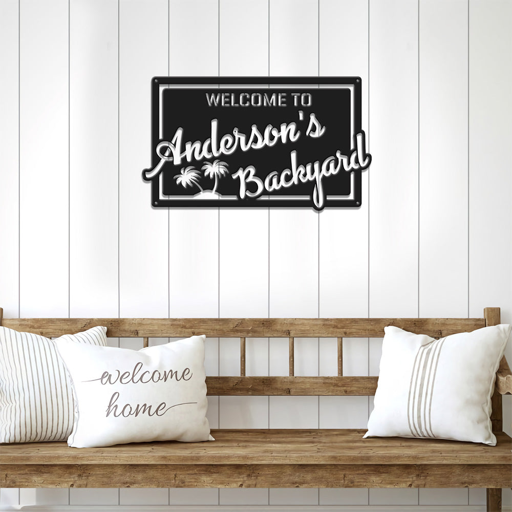 MeMate Backyard Sign Outdoor Decor, Personalized Metal Sign for Backyard, Patio, Custom Name Signs for Garden Porch, Deck, Large Metal Sign
