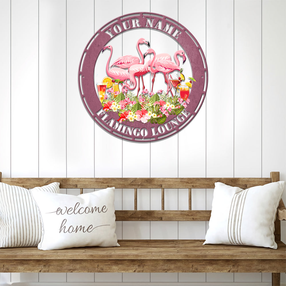 MeMate Flamingo Metal Sign, Outdoor Décor for Backyard, Patio, Pool, Kitchen, Lounge, Personalized Name Outdoor Sign, Pink Metal Sign Housewarming Gift for Family Friend