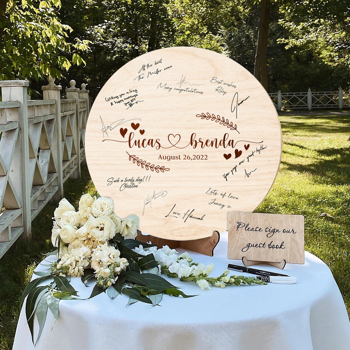 Memate Wedding Guestbook Alternative, Wedding Guest Books Personalized Name Date, Wooden Wedding Sign Board for Signature, Custom Rustic Round Wooden Wedding Signs for Couples