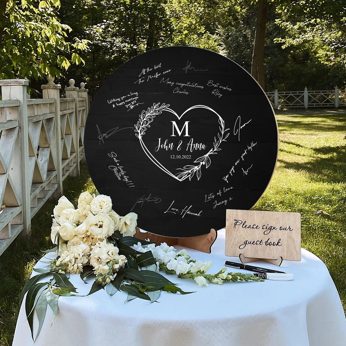 Memate Wedding Guestbook Alternative, Wedding Guest Books Personalized, Custom Signs Family Name Wedding Date for Couple, Wedding Guess Book Sign Board for Signature, Rustic Round Wooden Wedding Book Alternative 01
