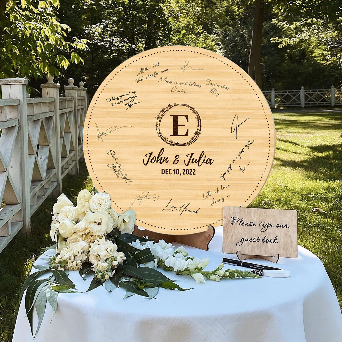 Memate Wedding Guestbook Alternative Personalized, Wedding Guest Books, Custom Wedding Signs Name Date, Wooden Wedding Guess Book Sign Board for Signature, Rustic Round Wedding Book Alternative 03