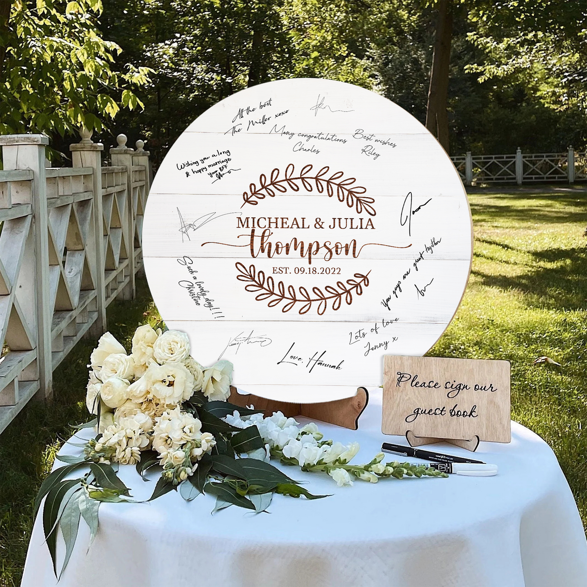 Memate Wedding Guestbook Alternative, Wedding Guest Books Personalized Family Name and Wedding Date, Wooden Wedding Sign Board for Signature, Rustic Round Wooden Wedding Sign