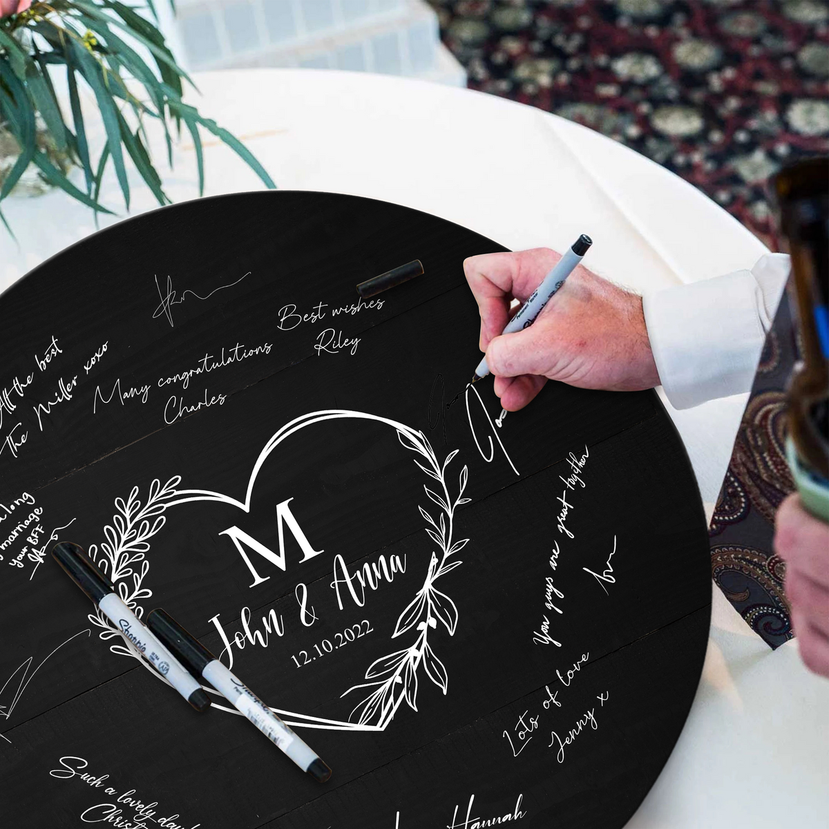 Memate Wedding Guestbook Alternative, Wedding Guest Books Personalized, Custom Signs Family Name Wedding Date for Couple, Wedding Guess Book Sign Board for Signature, Rustic Round Wooden Wedding Book Alternative 01