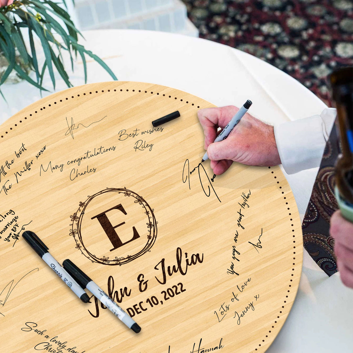 Memate Wedding Guestbook Alternative Personalized, Wedding Guest Books, Custom Wedding Signs Name Date, Wooden Wedding Guess Book Sign Board for Signature, Rustic Round Wedding Book Alternative 03