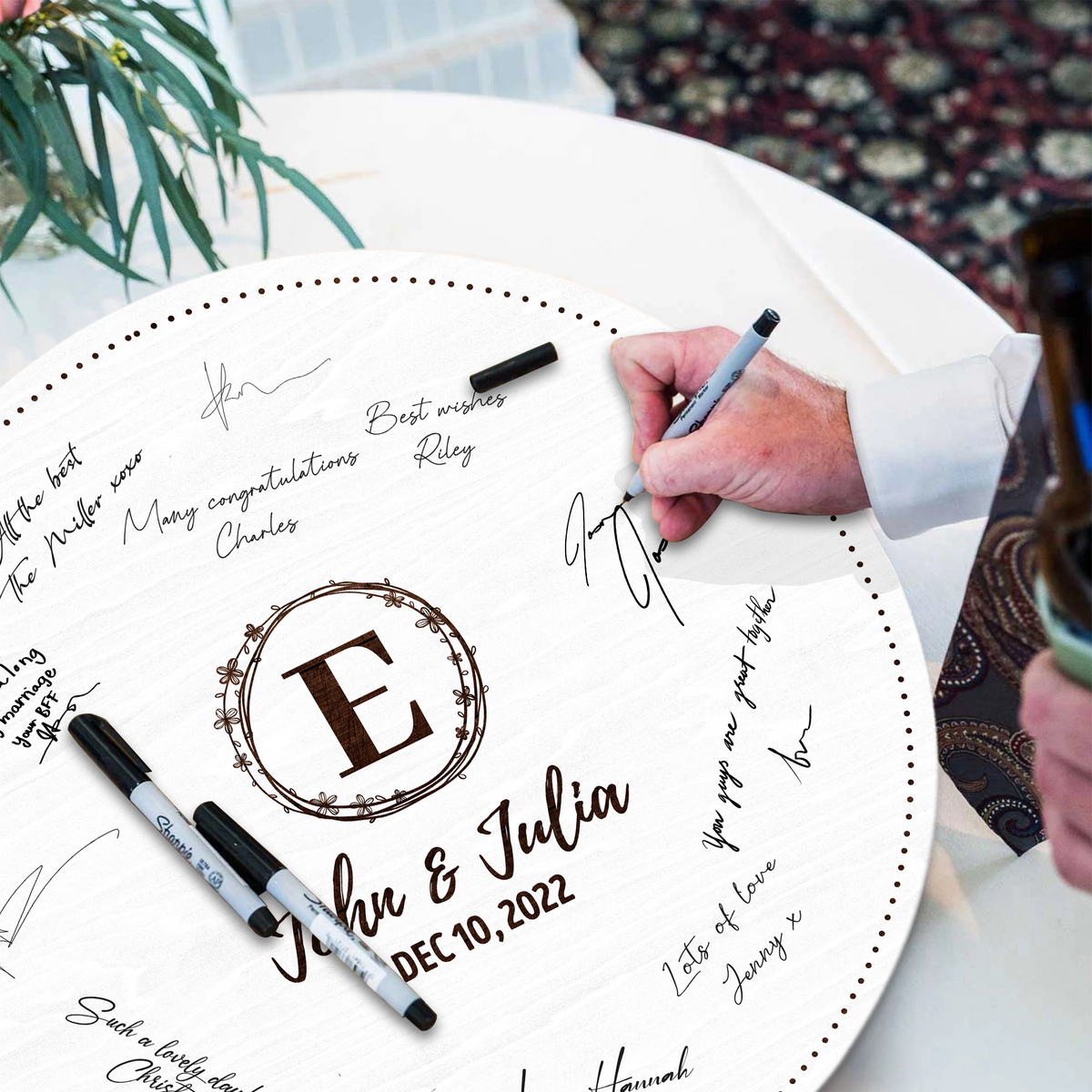 Memate Wedding Guestbook Alternative Personalized, Wedding Guest Books, Custom Wedding Signs Name Date, Wooden Wedding Guess Book Sign Board for Signature, Rustic Round Wedding Book Alternative 02